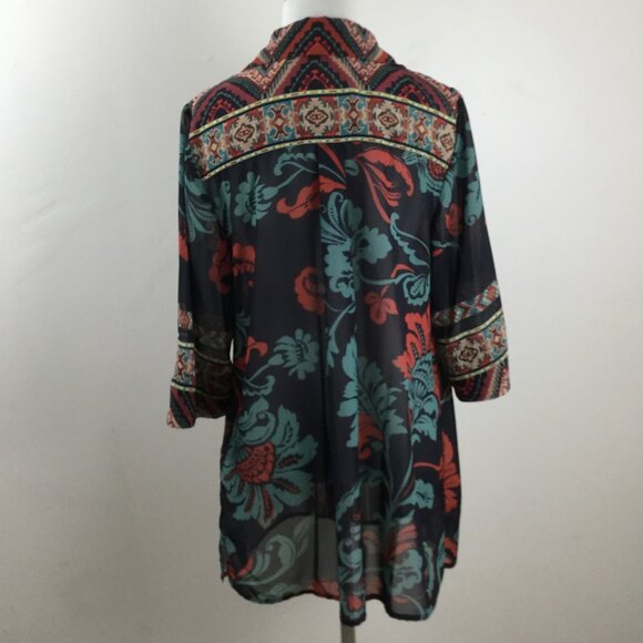 Soft Surroundings Black Tribal-Print Semi Sheer Button Up Top s/p - Picture 5 of 9
